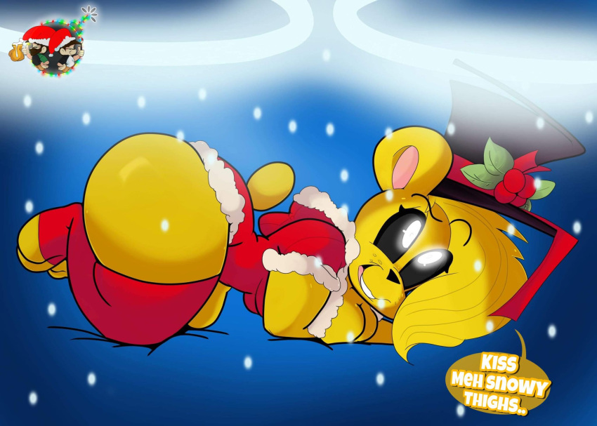 2020 anthro big_breasts big_butt black_sclera blonde_hair breasts butt christmas christmas_clothing cleavage clothed clothing crossgender curvy_figure detailed_background dialogue digital_media_(artwork) english_text female five_nights_at_freddy's freckles fur glowing glowing_eyes golden_freddy_(fnaf) hair hat headgear headwear hi_res holidays hourglass_figure huge_breasts huge_butt inkit89 leotard looking_at_viewer lying mammal mistletoe on_front plant smile snow solo talking_to_viewer teeth text thick_thighs tongue top_hat ursid video_games voluptuous white_eyes wide_hips winter yellow_body yellow_fur