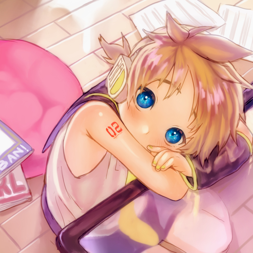 1boy blonde_hair blue_eyes blush covering_mouth highres kagamine_len korpokkur_kne looking_at_viewer paper short_hair sitting solo vocaloid yellow_nails