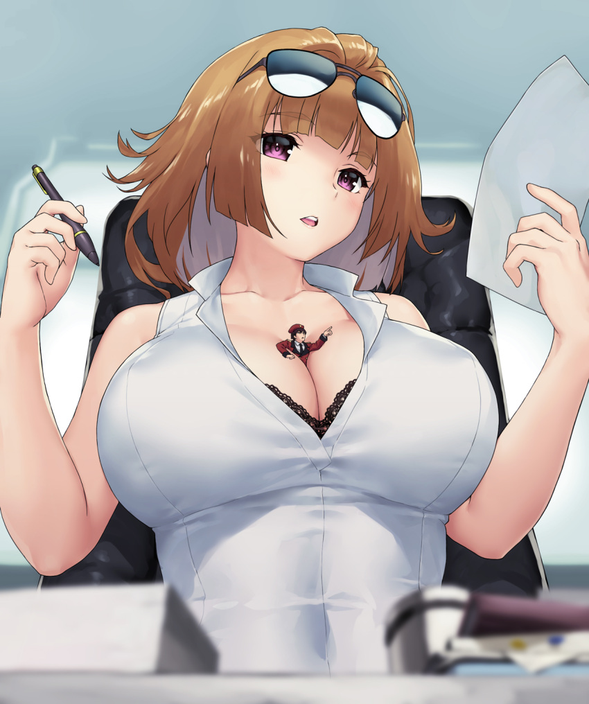 1boy 1girl beret black_neckwear blurry bra bra_peek breasts brown_hair chair cleavage collarbone commander_(girls_frontline) depth_of_field eyewear_on_head girls_frontline grizzly_mkv_(girls_frontline) hat highres holding holding_paper holding_pen jacket lace-trimmed_bra lace_trim large_breasts military military_uniform miniboy necktie open_clothes open_mouth open_shirt paper pen person_between_breasts pointing purple_eyes red_headwear red_jacket shirt sitting size_difference sleeveless sleeveless_shirt sunglasses teston underwear uniform upper_body upper_teeth white_shirt