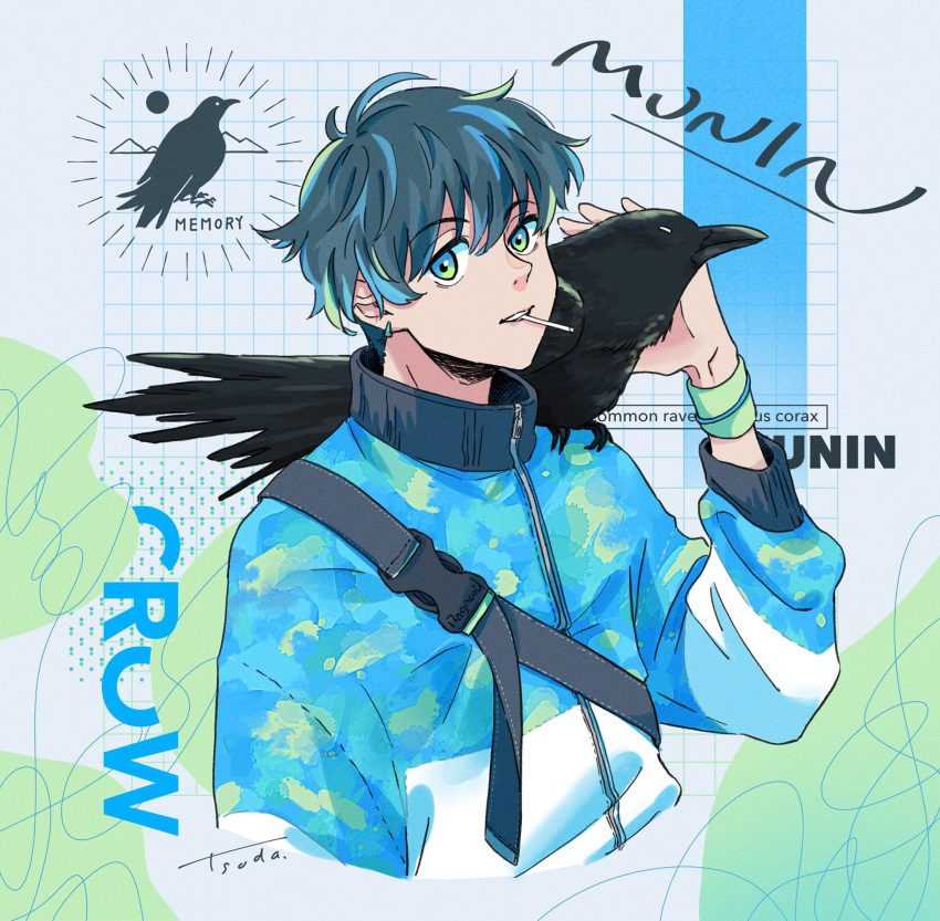 1boy animal_on_shoulder aqua_eyes bangs bird bird_on_shoulder black_hair earrings english_text eyebrows_visible_through_hair highres jewelry long_sleeves looking_at_viewer original raven_(animal) short_hair signature solo upper_body yutsukidayo