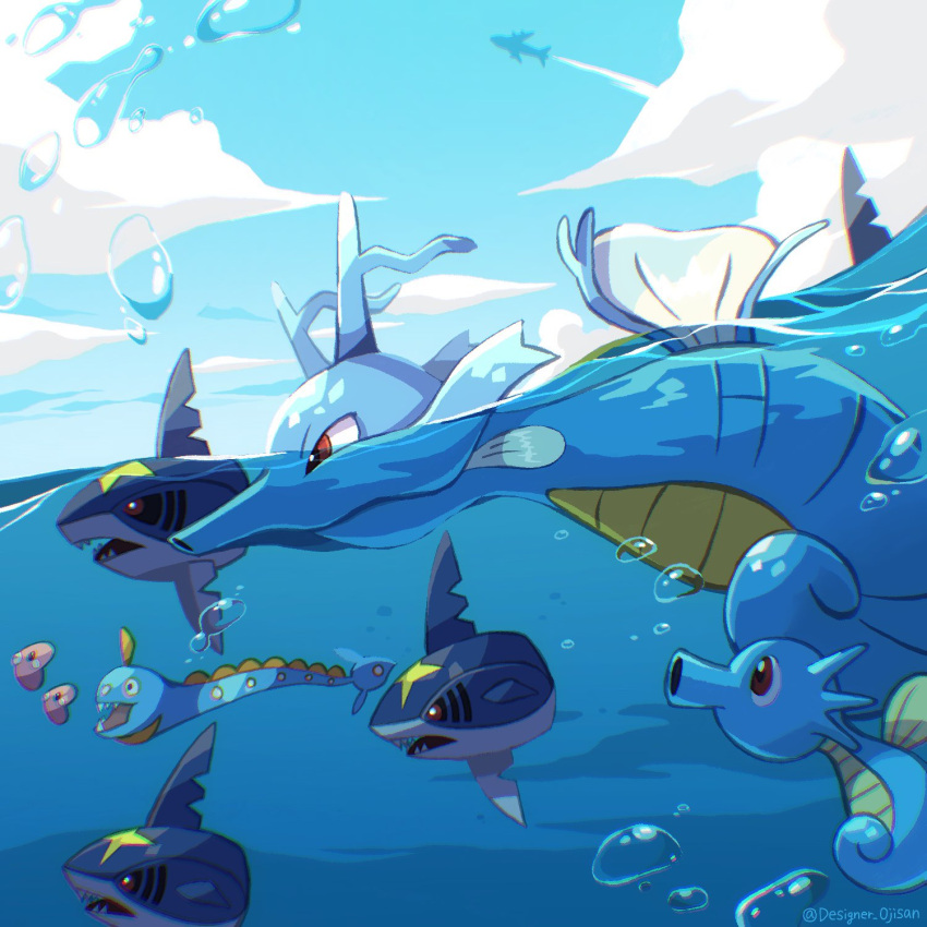 air_bubble artist_name bubble closed_mouth cloud day designer_ojisan from_side gen_1_pokemon gen_2_pokemon gen_3_pokemon highres horsea huntail kingdra luvdisc no_humans outdoors partially_underwater_shot pokemon pokemon_(creature) red_eyes sharpedo sky water_drop watermark