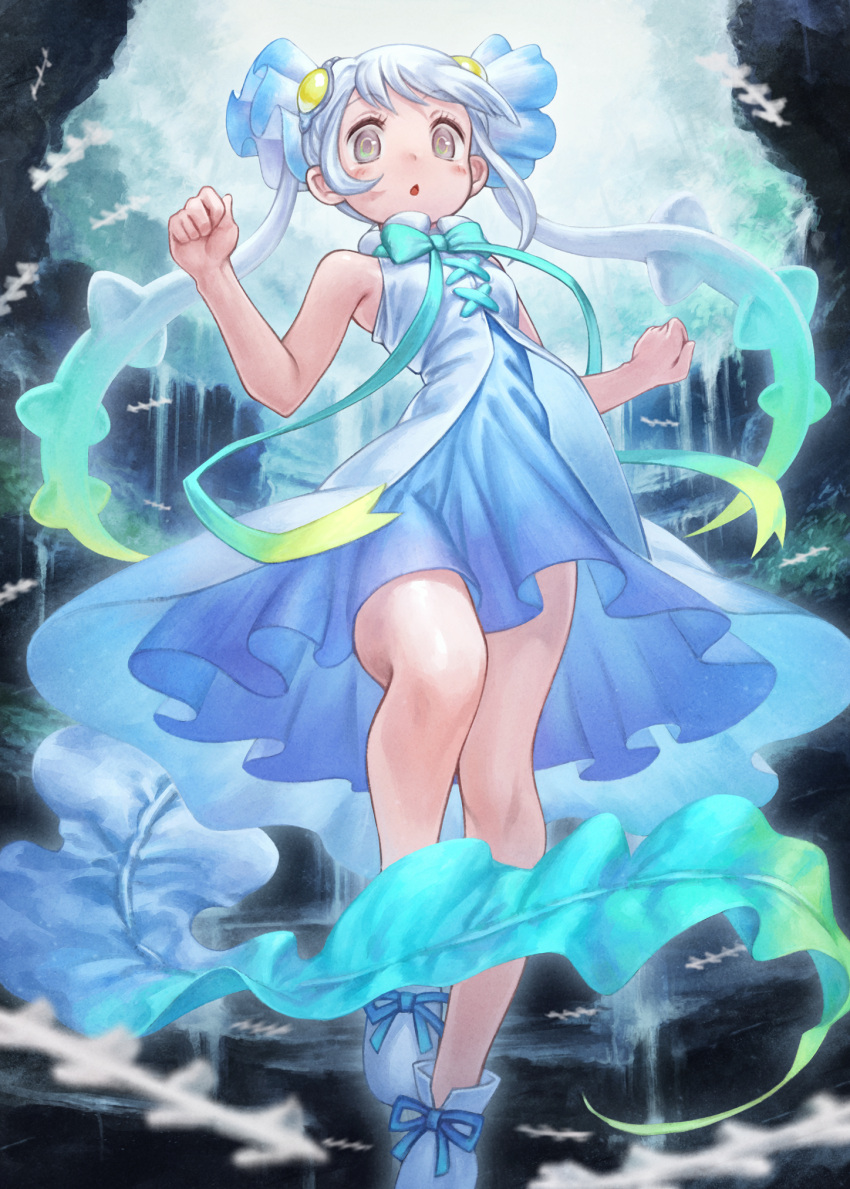 1girl aqua_bow aqua_ribbon bangs blue_dress blue_footwear blush bow dress full_body grey_eyes hands_up highres kemono_friends lain long_hair looking_at_viewer open_mouth ribbon shoes skyfish_(kemono_friends) sleeveless sleeveless_dress solo