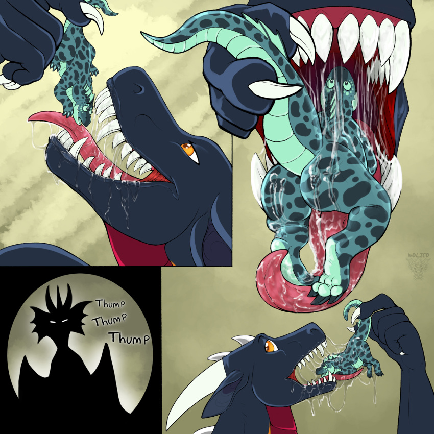 anthro aquatic_dragon ayrrenth bodily_fluids bunsen dragon group hi_res macro male male/male marine micro mint_(deessel) saliva scalie size_difference teeth tongue vore western_dragon wolico