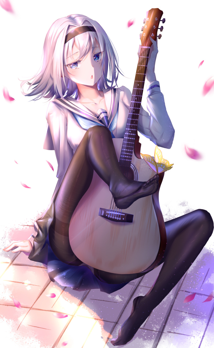 1girl absurdres amaroku_neko arm_support bangs black_legwear black_skirt blue_eyes blue_neckwear breasts bug butterfly commentary_request feet full_body guitar hairband highres holding holding_instrument insect instrument leg_up long_sleeves looking_at_viewer medium_breasts medium_hair neckerchief no_shoes pantyhose petals ryuuou_no_oshigoto! sailor_collar school_uniform serafuku shirt sitting skirt soles solo sora_ginko triangle_mouth white_hair white_sailor_collar white_shirt yellow_butterfly