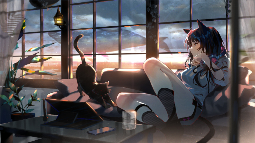 1girl absurdres animal animal_ears arutera banned_artist black_cat black_hair black_legwear blue_eyes blush breasts cat cat_ears cat_girl cat_tail cellphone closed_mouth computer convenient_leg couch cup drinking_glass flying_whale headphones headphones_around_neck highres horizon indoors kneehighs laptop lens_flare long_hair looking_afar lying medium_breasts ocean on_back on_couch original phone pillow plant potted_plant sitting sleeves_pushed_up smartphone solo sunlight table tail whale window