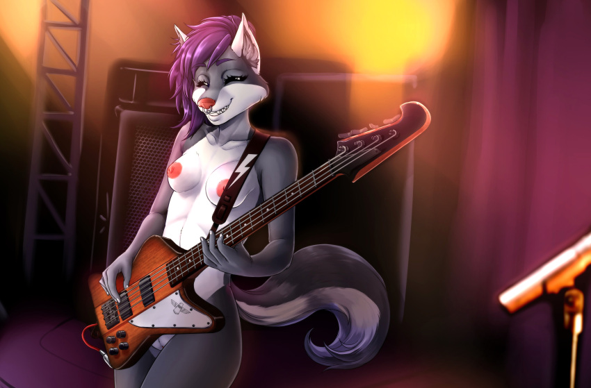 absurd_res amplifier anthro bass_guitar black_body black_fur breasts canid canine canis digital_media_(artwork) eyes_closed facial_piercing female fur genitals guitar guitar_strap hair hi_res jojo218 kijuro lightning_bolt mammal musical_instrument nipples nose_piercing nose_ring nude piercing playing_music plucked_string_instrument purple_hair pussy septum_piercing sharp_teeth smile solo stage stage_curtains stage_lights string_instrument tasteful_nudity teeth white_body white_fur wolf
