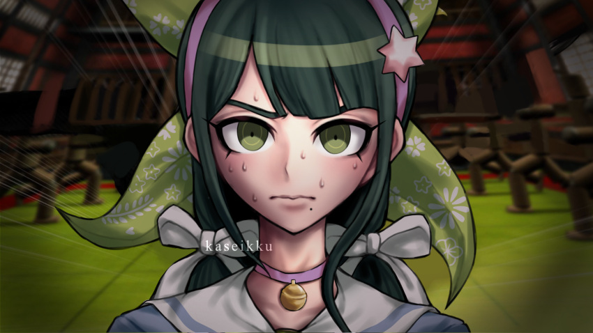 1girl bangs bell black_hair chabashira_tenko choker closed_mouth danganronpa_(series) danganronpa_v3:_killing_harmony derivative_work english_commentary green_eyes green_hair hair_ornament hair_ribbon hairband highres kaseikku long_hair looking_at_viewer low_twintails mole mole_under_mouth pink_choker ribbon shirt solo sweat twintails upper_body what_if white_ribbon