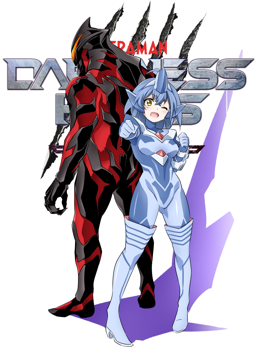 1boy 1girl absurdres alien black_bodysuit blue_hair bodysuit character_request claws copyright_request dai-kaijuu_battle_ultra_ginga_densetsu_the_movie darkness_heels darkness_heels_lili fingernails highres holding lili_(darkness_heels) long_fingernails multicolored multicolored_bodysuit multicolored_clothes muscular open_mouth orange_eyes red_bodysuit smile tokusatsu tsunashima_shirou ultra_series ultraman_belial ultraman_geed_(series) yellow_eyes