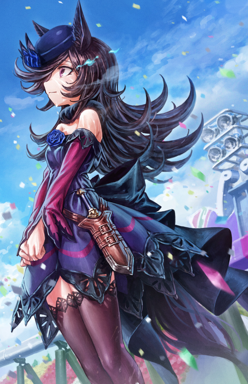 1girl animal_ears black_dress black_hair black_legwear blue_sky cloud cloudy_sky confetti dress feet_out_of_frame highres horse_ears horse_girl lain long_hair off-shoulder_dress off_shoulder outdoors profile purple_eyes rice_shower_(umamusume) sky smile solo standing thighhighs umamusume