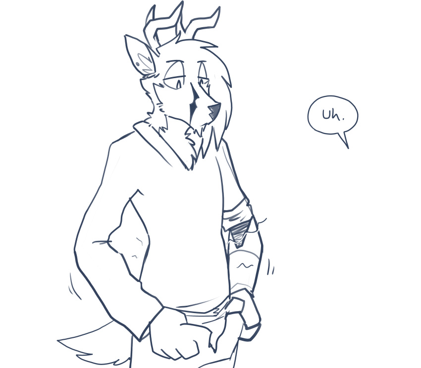 absurd_res anthro antlers cervid cervine clothed clothing cybernetic_arm cybernetic_limb cybernetics fluffy fully_clothed hi_res hoodie horn machine male mammal red_(topazknight) removing_pants sketch solo topazknight topwear