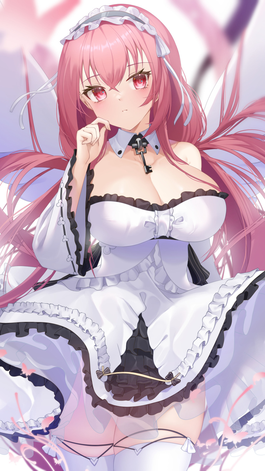1girl absurdres azur_lane blush breasts bug butterfly closed_mouth dress eyebrows_visible_through_hair frilled_dress frilled_hairband frilled_sleeves frills hair_ornament hairband headband highres insect key key_necklace large_breasts long_hair looking_at_viewer perseus_(azur_lane) pink_eyes pink_hair seele0907 solo strapless strapless_dress thighhighs twintails two-tone_dress very_long_hair white_dress white_legwear wide_sleeves