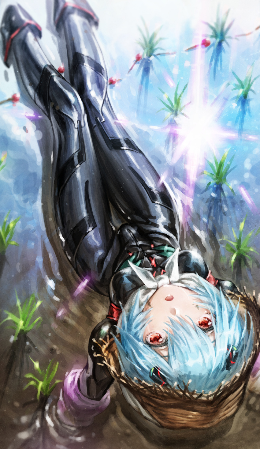 1girl aqua_hair ayanami_rei black_bodysuit bodysuit evangelion:_3.0_you_can_(not)_redo feet_out_of_frame hair_between_eyes highres lain looking_at_viewer neon_genesis_evangelion parted_lips partially_submerged plant plugsuit rebuild_of_evangelion red_eyes reflection ripples short_hair solo water