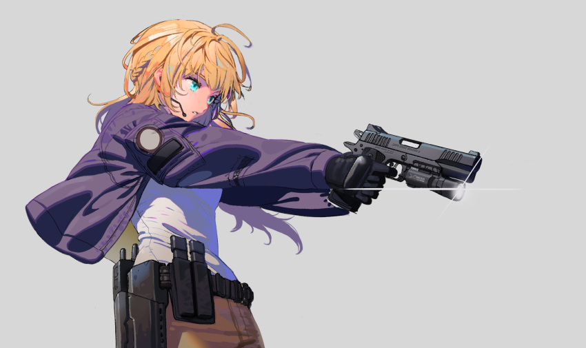 1girl aiming belt black_gloves blonde_hair blue_eyes braid breasts brown_pants crown_braid earpiece finger_on_trigger flashlight from_side gloves grey_background gun handgun highres holster jacket m1911 magazine_(weapon) messy_hair original pants pistol purple_jacket shirt short_hair small_breasts solo tactical_clothes tttatical upper_body weapon weapon_request white_shirt