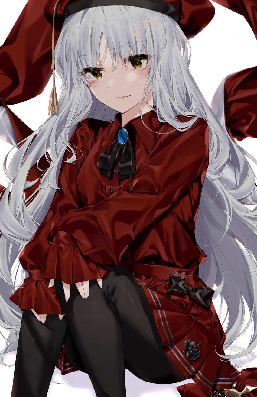 1girl absurdres bangs beret black_legwear blush breasts brooch caren_hortensia caren_hortensia_(amor_caren) dress fate/grand_order fate_(series) hat highres jewelry kaa-san long_hair long_sleeves looking_at_viewer medium_breasts neck_ribbon pantyhose parted_lips red_dress red_headwear ribbon shawl sitting smile solo thighs wavy_hair white_hair yellow_eyes