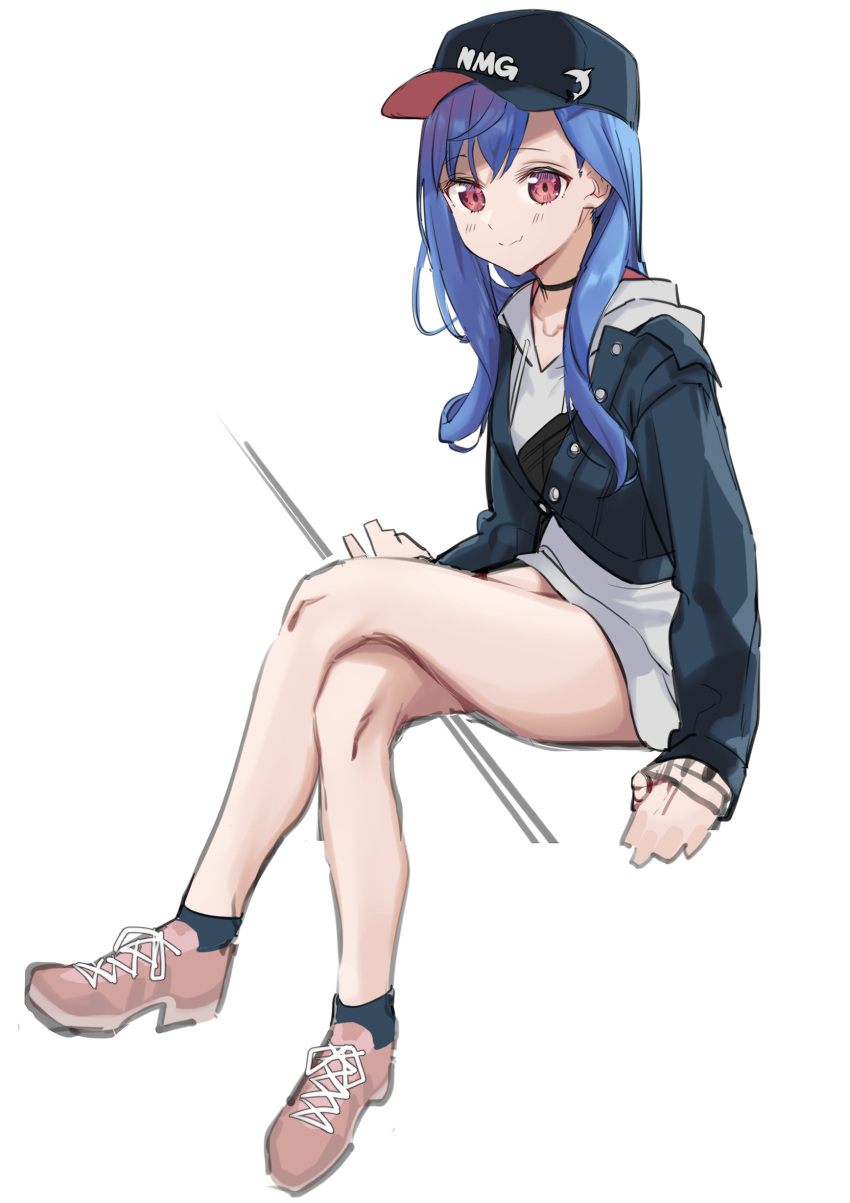 1girl absurdres bangs baseball_cap black_headwear black_jacket black_legwear blue_hair blush brown_footwear closed_mouth collarbone crossed_legs drawstring eyebrows_visible_through_hair full_body hat highres hood hood_down hoodie jacket long_hair long_sleeves looking_at_viewer nijisanji nishizono_chigusa open_clothes open_jacket red_eyes shoes simple_background sitting sketch sleeves_past_wrists smile socks solo syhan virtual_youtuber white_background white_hoodie