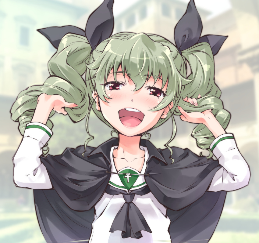 1girl :d alternate_costume anchovy_(girls_und_panzer) bangs black_cape black_neckwear black_ribbon blouse blurry blurry_background cape commentary_request day drill_hair eyebrows_visible_through_hair girls_und_panzer green_hair hair_ribbon half-closed_eyes hands_in_hair highres long_hair long_sleeves looking_at_viewer neckerchief ooarai_school_uniform open_mouth outdoors partial_commentary red_eyes ribbon sailor_collar school_uniform serafuku smile solo suzuki24 twin_drills white_blouse white_sailor_collar