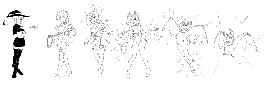 2021 anthro bottomwear castlevania chiropteran clothing duo female growth hair hat headgear headwear hi_res high_heels holding_object holding_whip human human_to_anthro konami magic magic_user mammal membrane_(anatomy) membranous_wings monochrome sequence short_hair shrinking simple_background size_transformation skirt smile sonia_belmont species_transformation surprise transformation video_games whip white_background wing_growth wings witch witch_hat xbc9