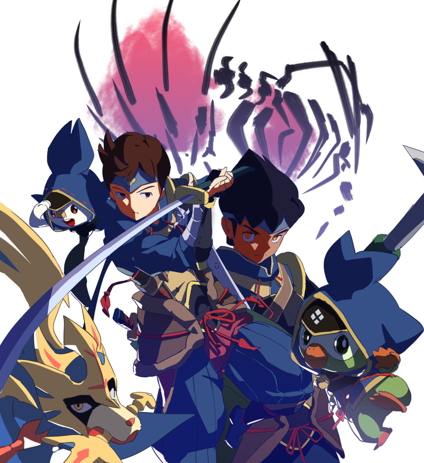 2boys absurdres alternate_costume bangs black_hair blue_headband brown_hair closed_mouth clothed_pokemon dark_skin dark_skinned_male eternatus eternatus_(normal) frown gen_8_pokemon grookey hands_up headband highres holding holding_sword holding_weapon hop_(pokemon) legendary_pokemon male_focus multiple_boys na1_pkmn orange_eyes pokemon pokemon_(creature) pokemon_(game) pokemon_swsh scorbunny short_hair sword victor_(pokemon) weapon white_background zacian zacian_(crowned)