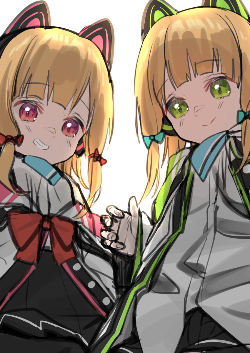 2girls absurdres animal_ears bangs black_shorts black_skirt blonde_hair blue_archive blue_bow bow closed_mouth eyebrows_visible_through_hair fake_animal_ears green_eyes grin hair_bow highres jacket midori_(blue_archive) momoi_(blue_archive) multiple_girls open_clothes open_jacket pleated_skirt red_bow red_eyes shirt short_shorts shorts simple_background sketch skirt smile syhan virtual_youtuber white_background white_jacket white_shirt