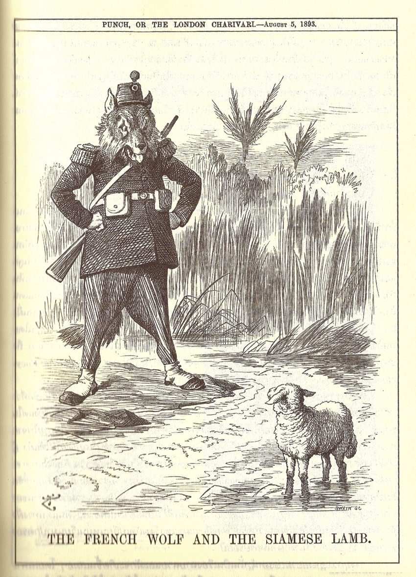 1893 19th_century ambiguous_gender ancient_furry_art anthro belt belt_pouch biped bovid canid canine canis caprine cheek_tuft clothed clothing duo ears_down ears_up english_text epaulette eye_contact facial_tuft feral footwear french fully_clothed gaiters gun hands_on_hips hat headgear headwear hi_res light_body light_fur looking_at_another male mammal military_uniform nude open_mouth outside pivoted_ears plant plantigrade politics public_domain quadruped ranged_weapon reeds rifle river sheep shoes signature soldier standing teeth text tongue tongue_out traditional_media_(artwork) tree tuft uniform unknown_artist unknown_artist_signature warrior water weapon wolf