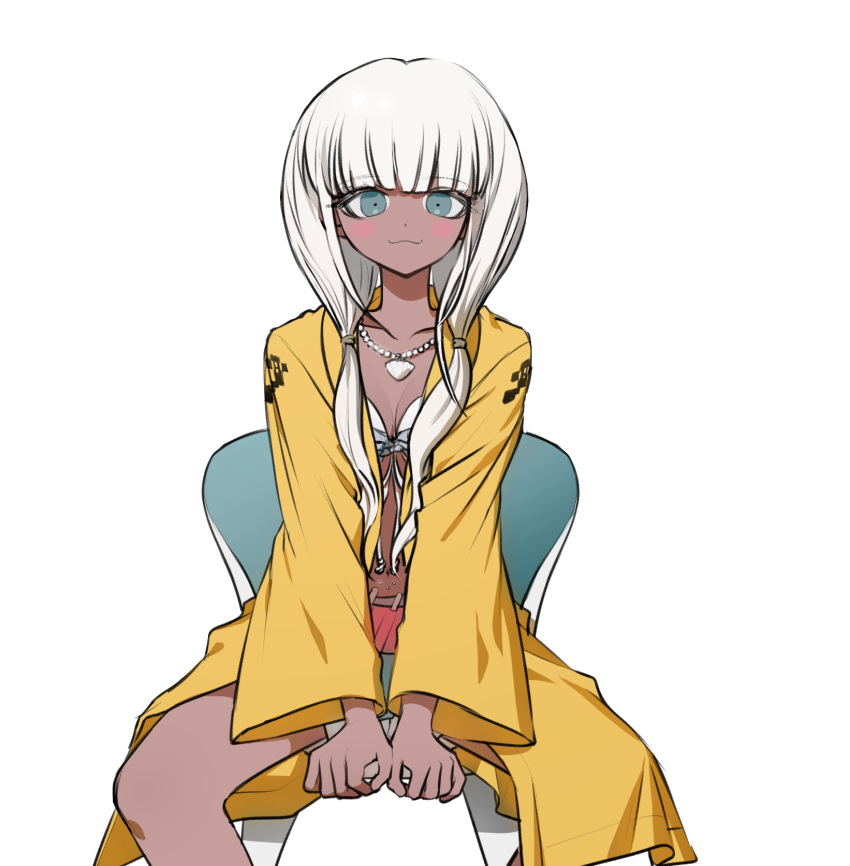 1girl bangs bead_necklace beads bikini bikini_top blue_eyes blunt_bangs blush breasts chair collarbone danganronpa_(series) danganronpa_v3:_killing_harmony dark_skin dark_skinned_female eyebrows_visible_through_hair feet_out_of_frame frilled_bikini frills ganguro highres jacket jewelry legs_apart long_hair looking_at_viewer low_twintails necklace no_(xpxz7347) open_mouth shell_necklace silver_hair simple_background sitting small_breasts smile solo swimsuit twintails white_background white_hair yellow_jacket yonaga_angie