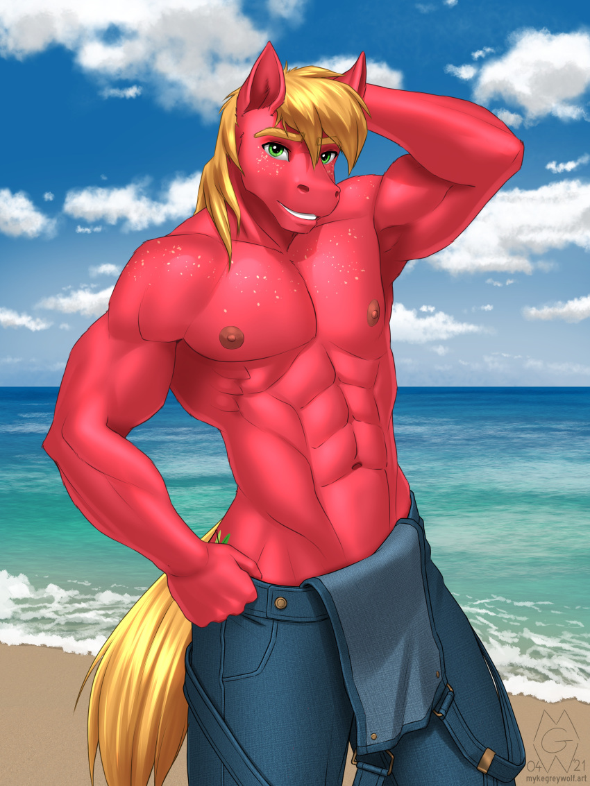 2021 3:4 abs absurd_res anthro beach big_macintosh_(mlp) bulge clothed clothing cutie_mark equid equine friendship_is_magic hand_behind_head hasbro hi_res looking_at_viewer male mammal muscular muscular_anthro muscular_male my_little_pony mykegreywolf nipples overalls red_body sand sea seaside smile topless water