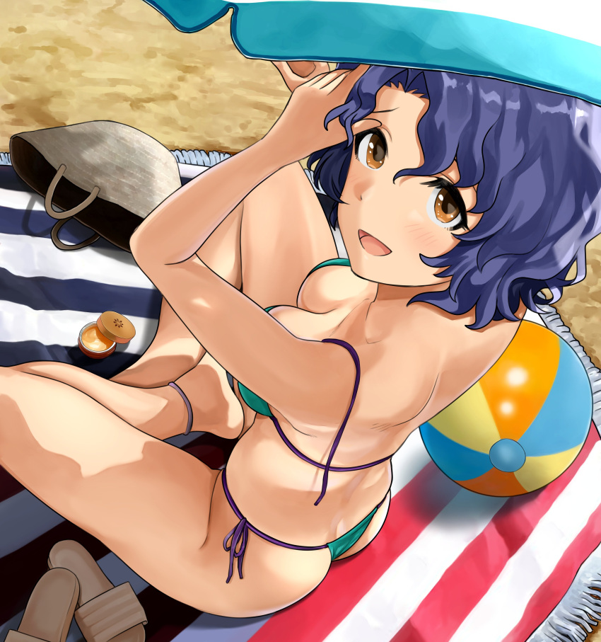 1girl :d absurdres ankle_strap arms_up ball bangs bare_arms bare_back bare_legs barefoot beach beachball bikini blue_hair breasts brown_eyes butt_crack cleavage from_above green_bikini green_swimsuit hanamasa_ono highres idolmaster idolmaster_million_live! indian_style light_blush looking_at_viewer looking_back lotion medium_breasts open_mouth outdoors parted_bangs sand sandals short_hair sitting smile solo string_bikini sunscreen swimsuit swimwear thighs thong thong_bikini towel toyokawa_fuuka umbrella