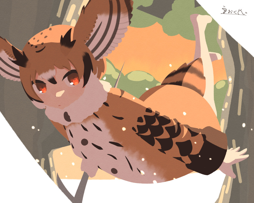 1girl absurdres artist_name bird_tail black_hair brown_eyes brown_hair coat commentary_request eurasian_eagle_owl_(kemono_friends) feathered_wings feathers flying fur_collar hair_between_eyes head_wings highres holding holding_staff kemono_friends long_sleeves multicolored_hair namekuz1paint no_outlines open_mouth pantyhose short_hair solo staff tail tree white_hair white_legwear wings