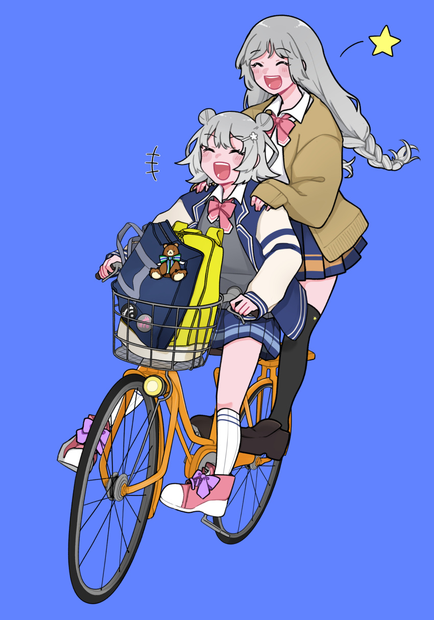 +++ 2girls absurdres alpaca_opo ascot badge bag bicycle bicycle_basket black_legwear blazer blue_jacket blue_skirt blush_stickers braid brown_jacket cevio closed_eyes commentary double_bun flower grey_hair grey_sweater ground_vehicle hair_bun hair_ornament hairclip hands_on_another's_shoulders highres jacket kizuna_akari kneehighs koharu_rikka lakiston long_hair miniskirt multiple_girls multiple_riders pink_neckwear pleatpink_footwear riding_bicycle school_bag shirt shoes short_hair shoulder_bag skirt smile sneakers standing star_(symbol) stuffed_animal stuffed_toy sweater synthesizer_v teddy_bear thighhighs twin_braids very_long_hair voiceroid white_legwear white_shirt