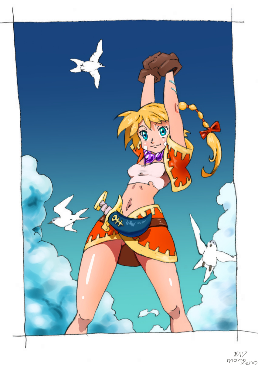 1girl bandages blonde_hair blue_eyes breasts chrono_cross closed_mouth facial_mark gloves high_ponytail highres jewelry kid_(chrono_cross) long_hair midriff momomoxeno multi-tied_hair navel necklace ponytail skirt smile solo vest