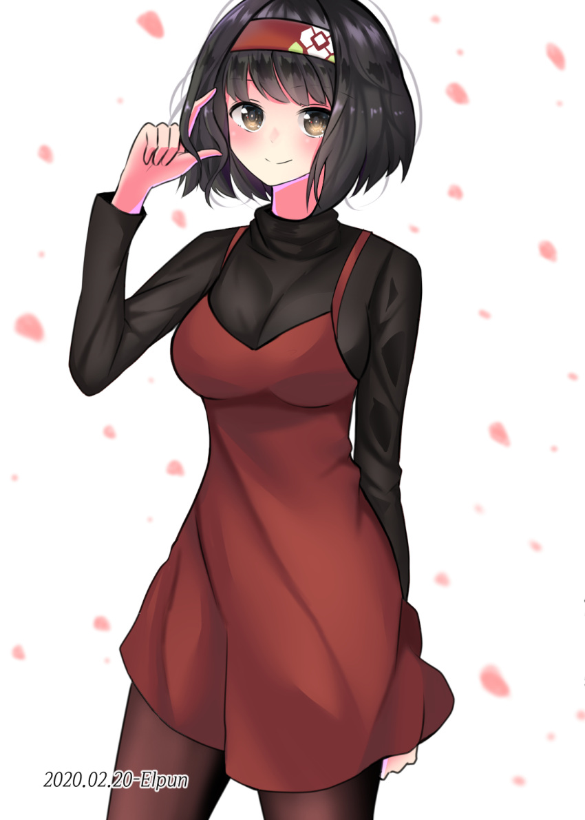 1girl alternate_costume black_hair black_legwear black_sweater breasts cherry_blossoms dated dress elpun erika_(pokemon) hairband highres medium_breasts pantyhose pokemon pokemon_(game) pokemon_lgpe red_dress short_hair simple_background solo sweater