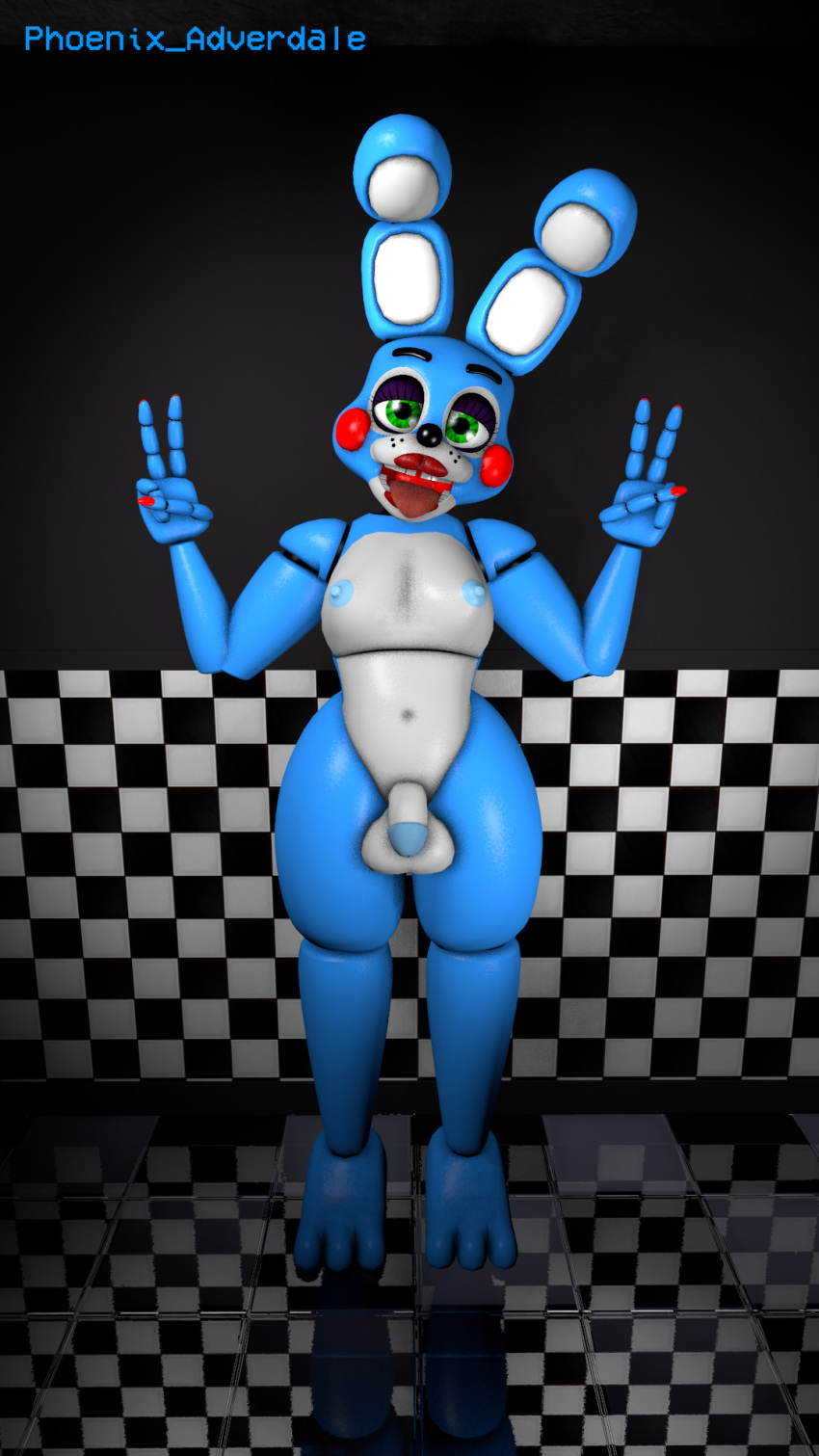 3d_(artwork) animatronic animictronic anthro digital_media_(artwork) five_nights_at_freddy's five_nights_at_freddy's_2 genitals green_eyes hi_res lagomorph leporid lipstick machine makeup male male/male mammal peace_sign_(disambiguation) penis phoenix_adverdale rabbit red_cheekdots red_lipstick red_nail_polish robot small_penis solo source_filmmaker thick_thighs toy_bonnie_(fnaf) video_games