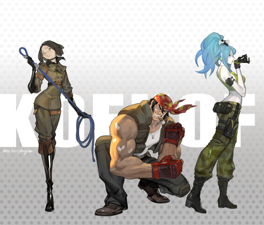 1boy 2girls ammunition_pouch armlet background_text bandana bangs bare_shoulders belt biceps black_hair blue_eyes blue_hair breasts brown_eyes brown_hair brown_vest camouflage camouflage_pants cigar closed_mouth dog_tags earrings eyes fingerless_gloves from_side gloves greyboy_t hair_between_eyes highres holding holding_weapon holding_whip jewelry large_breasts leona_heidern lips looking_at_viewer male_cleavage male_focus midriff military military_uniform multiple_girls muscular muscular_male pants parted_bangs ponytail pouch ralf_jones red_headwear shiny shirt short_hair signature sleeveless sleeveless_shirt standing sweatband tank_top teeth the_king_of_fighters the_king_of_fighters_xiv the_king_of_fighters_xv thick_eyebrows triangle_earrings uniform vest weapon whip whip_(kof) white_shirt yellow_tank_top