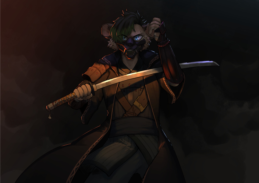 absurd_res angry anthro armor asian_clothing blue_eyes clothing east_asian_clothing female hi_res hyaenid japanese_clothing katana mammal mask melee_weapon smoke solo spitz(oc) spotted_hyena sword unknown_artist weapon