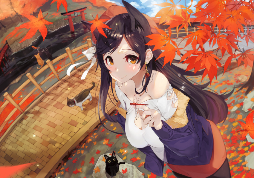 1girl abe_napori absurdres alternate_costume animal_ears atago_(azur_lane) autumn autumn_leaves azur_lane black_hair breasts casual cat cat_ears cleavage cloud earrings from_above fur-trimmed_jacket fur_trim highres jacket jewelry large_breasts long_hair looking_at_viewer off-shoulder_shirt off_shoulder orange_eyes orange_skirt outdoors pantyhose purple_jacket shirt skirt solo white_shirt