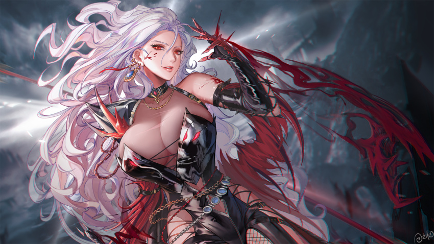 1girl armor armpits bare_shoulders belt blood breasts choker cleavage collarbone demon_slayer_(dungeon_and_fighter) dungeon_and_fighter earrings elbow_gloves eyebrows eyelashes female_slayer_(dungeon_and_fighter) gloves highres jewelry large_breasts long_hair necklace red_eyes shoulder_armor solo torn_clothes tsuki_no_i-min white_hair