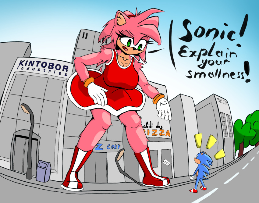 2021 amy_rose anthro blue_body breasts building city clothed clothing detailed_background digital_media_(artwork) duo english_text eulipotyphlan female gloves green_eyes hair handwear hedgehog hi_res macro male mammal open_mouth outside pink_body size_difference sky sleeps-darkly_(artist) sonic_the_hedgehog sonic_the_hedgehog_(series) text topwear