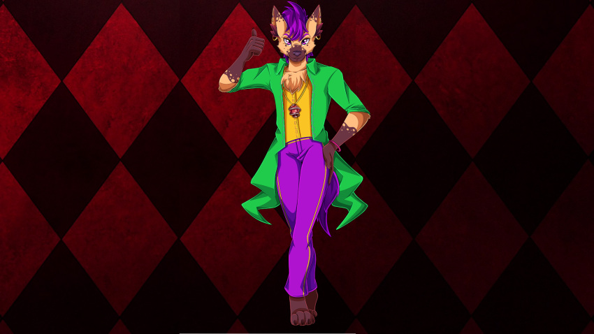 16:9 anthro bottomwear bracelet chest_tuft clothing dipstick_ears dipstick_limbs ear_piercing feet hair hi_res hyaenid jewelry jojo's_bizarre_adventure looking_at_viewer male mammal multicolored_ears necklace pants pattern_background piercing pose purple_eyes purple_hair purple_tail simple_background solo suddenhack suit toes tuft vitali_advenil widescreen