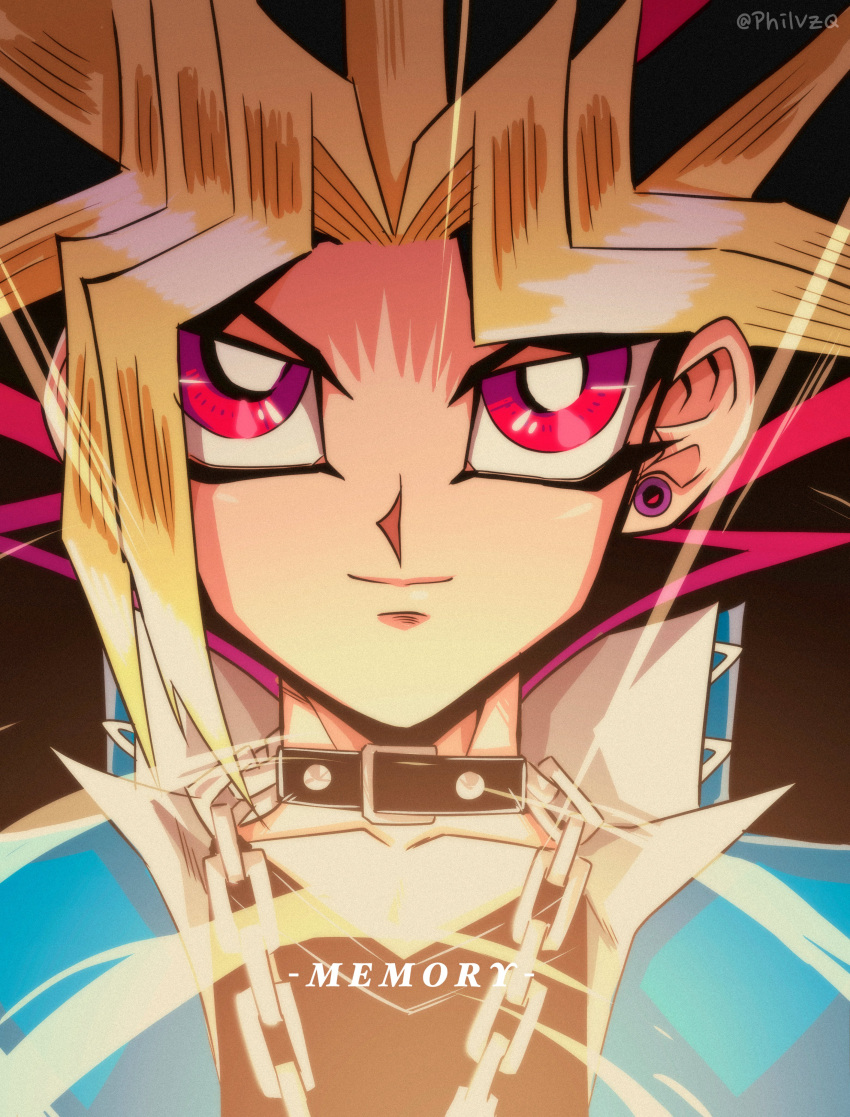 1boy absurdres artist_name black_hair black_shirt blonde_hair blue_jacket bright_pupils chain closed_mouth collar commentary earrings highres jacket jewelry male_focus open_clothes open_jacket phil_vzq purple_eyes purple_hair shirt smile solo upper_body watermark white_pupils yami_yuugi yu-gi-oh! yu-gi-oh!_duel_monsters