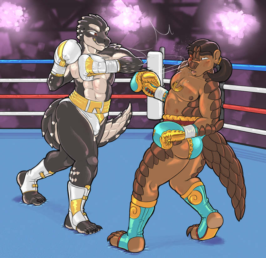 2021 abs absurd_res anthro armando_(dcheese) black_eye_(injury) bottomwear boxing boxing_gloves brown_body brown_scales brown_skin bruised claws clothing dcheese digital_media_(artwork) fight fighting_ring footwear grey_body grey_scales grey_skin hair handwear hi_res male mammal mouthguard muscular muscular_male pangolin ponytail punch rakesh red_eyes reptile scales scalie smile smirk sport toeless_footwear