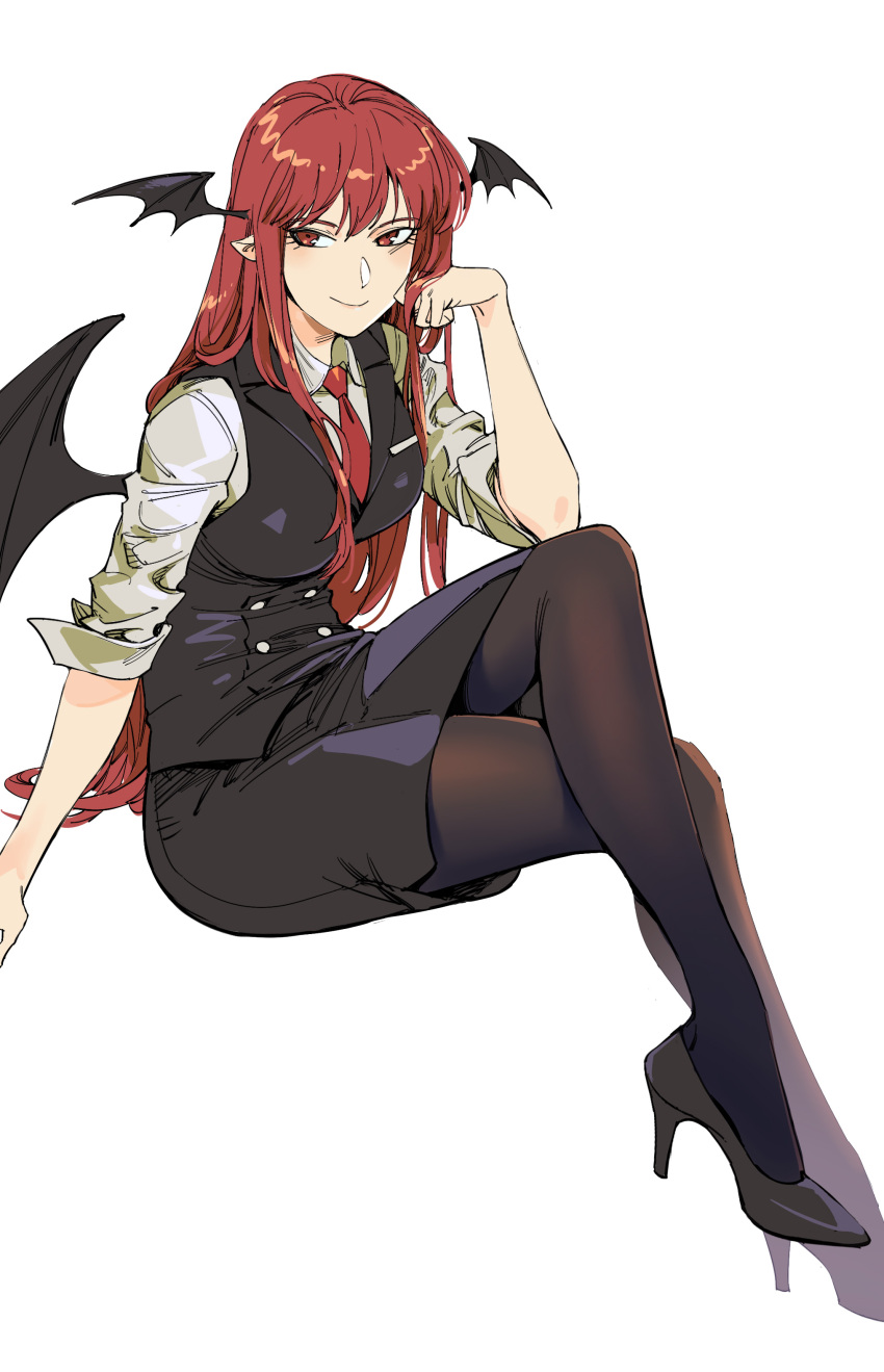 1girl absurdres bat_wings black_legwear black_skirt black_vest closed_mouth collared_shirt hand_up head_wings highres invisible_chair koakuma long_hair looking_to_the_side necktie pantyhose pencil_skirt pointy_ears red_eyes red_hair red_neckwear ruukii_drift shirt simple_background sitting skirt smile solo touhou vest white_background white_shirt wing_collar wings