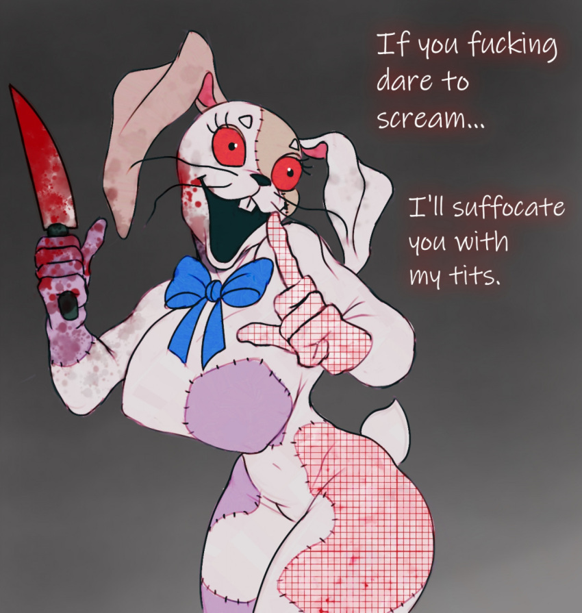 anthro baxer-mx big_breasts blood bloody_knife bodily_fluids bow_tie breasts creepy dialogue english_text eyelashes female five_nights_at_freddy's hi_res huge_breasts lagomorph leporid mammal profanity rabbit red_sclera solo stitch_(disambiguation) talking_to_viewer text thousand_yard_stare threatening_words vanny_(fnaf) video_games