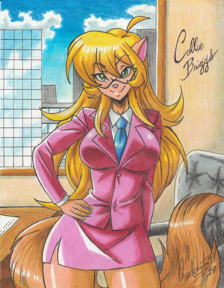 absurd_res anthro blonde_hair business_suit callie_briggs chair city clothing colored domestic_cat eyewear felid feline felis female furniture glasses hair hand_on_hip hanna-barbera hi_res mammal office office_chair ravernclouk shaded signature smile solo standing suit swat_kats thick_thighs