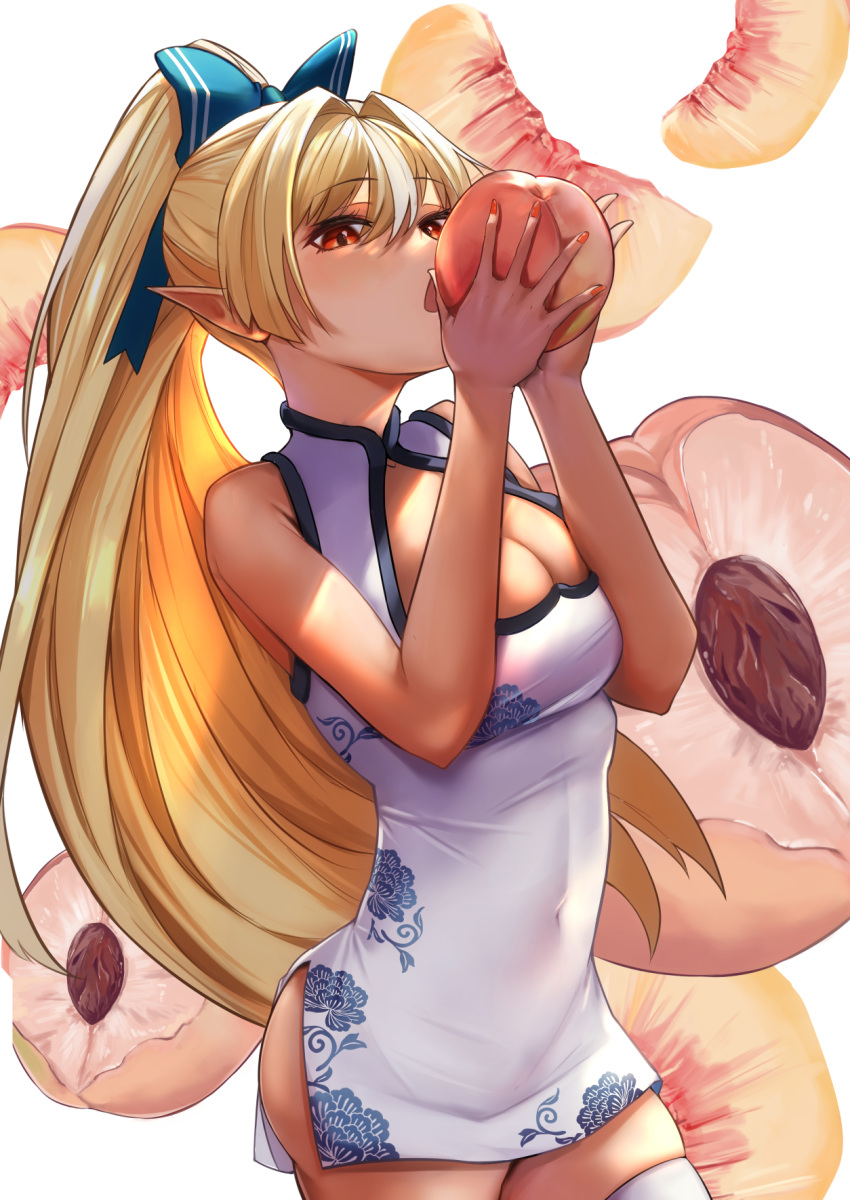 1girl arenoyoni ass_visible_through_thighs blonde_hair breasts china_dress chinese_clothes cleavage cleavage_cutout clothing_cutout cowboy_shot dress eating food fruit highres holding holding_food hololive long_hair looking_at_viewer open_mouth orange_nails peach peach_slice pointy_ears ponytail red_eyes shiranui_flare simple_background solo thighhighs virtual_youtuber white_background white_legwear zettai_ryouiki