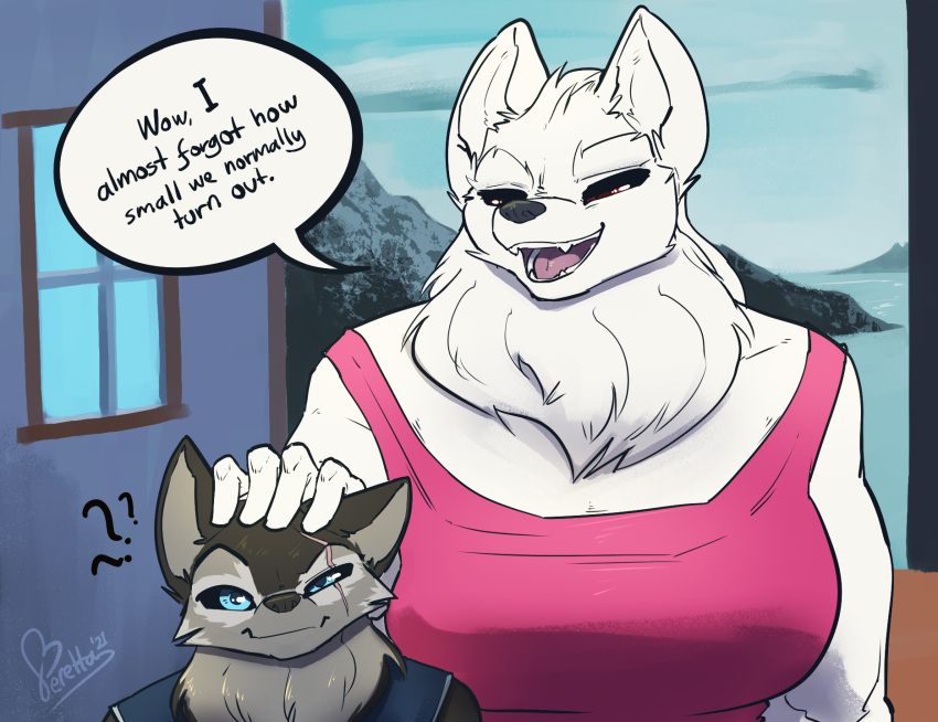 big_breasts black_body black_fur blue_eyes breasts canid canine canis dire_wolf female feretta fur grey_body grey_fur head_pat hi_res landscape larger_female male mammal mane muscular muscular_female prydr red_eyes scar size_difference smile vandrick_amadeus_dread white_body white_fur wolf