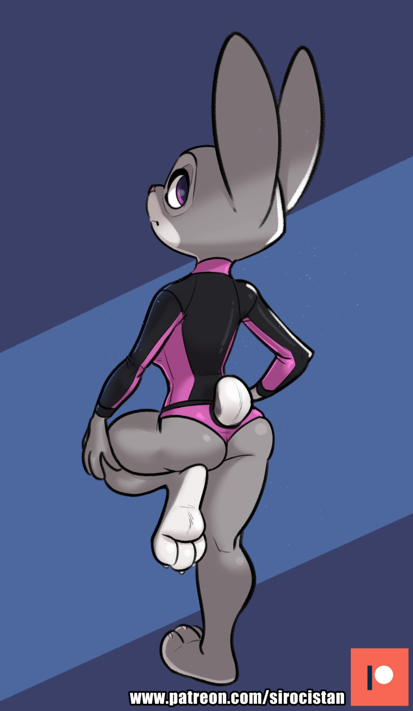 3_toes absurd_res anthro butt butt_pose disney feet female hi_res judy_hopps lagomorph leporid looking_back mammal pose rabbit raised_leg rear_view simple_background siroc solo surfer text toes url zootopia