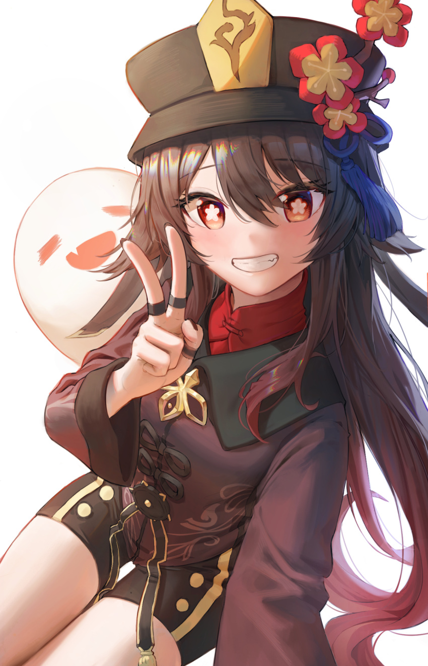 1girl bangs black_headwear black_shorts blush brown_hair brown_nails brown_shirt chinese_clothes commentary cowboy_shot eyebrows_visible_through_hair fingernails flower flower-shaped_pupils genshin_impact ghost gradient_hair grin hair_between_eyes hat hat_flower highres hu_tao jewelry long_hair long_sleeves looking_at_viewer multicolored_hair multiple_rings nail_polish red_eyes red_flower red_hair red_shirt ring ritae selfie shirt short_shorts shorts smile solo tassel thumb_ring undershirt v very_long_hair white_background