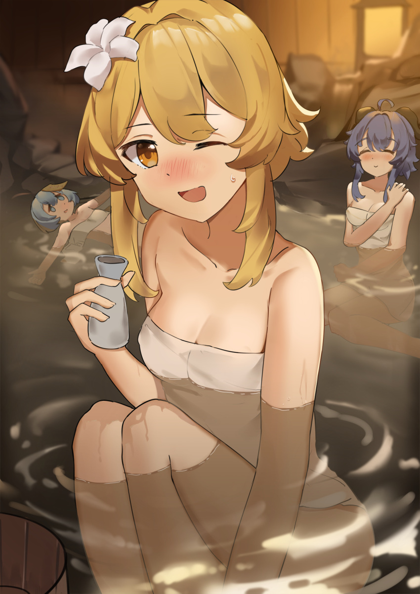 3girls ;d ahoge bare_shoulders bathing blonde_hair blush breasts cleavage closed_eyes collarbone cup flower ganyu_(genshin_impact) genshin_impact hair_flower hair_ornament highres holding holding_cup horns looking_at_viewer lumine_(genshin_impact) multiple_girls naked_towel one_eye_closed onsen open_mouth outstretched_arms partially_submerged purple_hair qiqi_(genshin_impact) ruisha sidelocks small_breasts smile spread_arms sweatdrop towel water yellow_eyes