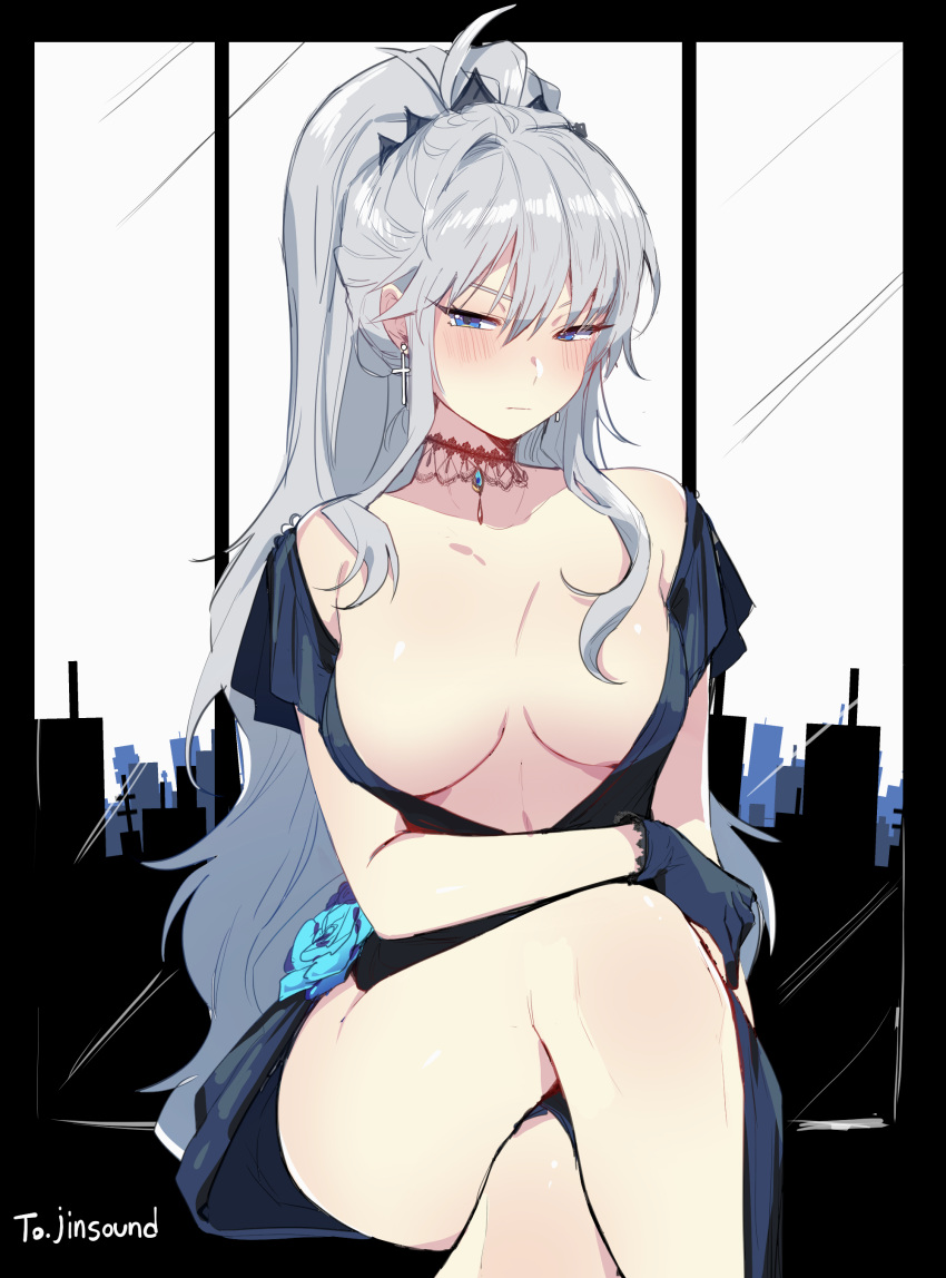 1girl absurdres black_dress black_gloves blue_eyes blush breasts choker commission cross cross_earrings crossed_legs dress earrings gloves half-closed_eyes highres indoors jewelry large_breasts long_hair mendou_kusai original plunging_neckline ponytail revealing_clothes second-party_source side_slit sidelocks silver_hair sitting solo very_long_hair