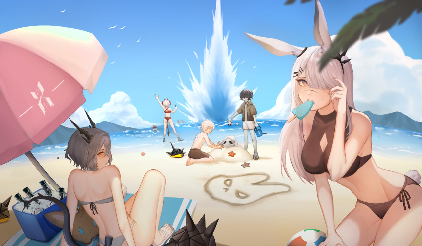 1other 2boys 4girls absurdres animal_ears arknights bangs bare_legs bare_shoulders beach beach_towel bikini black_bikini blue_sky bunny_ears bunny_tail chinese_commentary cloud commentary_request crownslayer_(arknights) day faust_(arknights) food food_in_mouth from_behind frostnova_(arknights) grey_bikini hair_over_one_eye hand_up highres horns looking_at_viewer looking_back mephisto_(arknights) mouth_hold multiple_boys multiple_girls navel ocean originium_slug_(arknights) outdoors oxygen popsicle profile reunion_logo_(arknights) reunion_soldier_(arknights) scar scar_on_face scar_on_nose short_hair side-tie_bikini silver_hair sky stomach swimsuit tail talulah_(arknights) thighs towel w_(arknights) water yellow_eyes